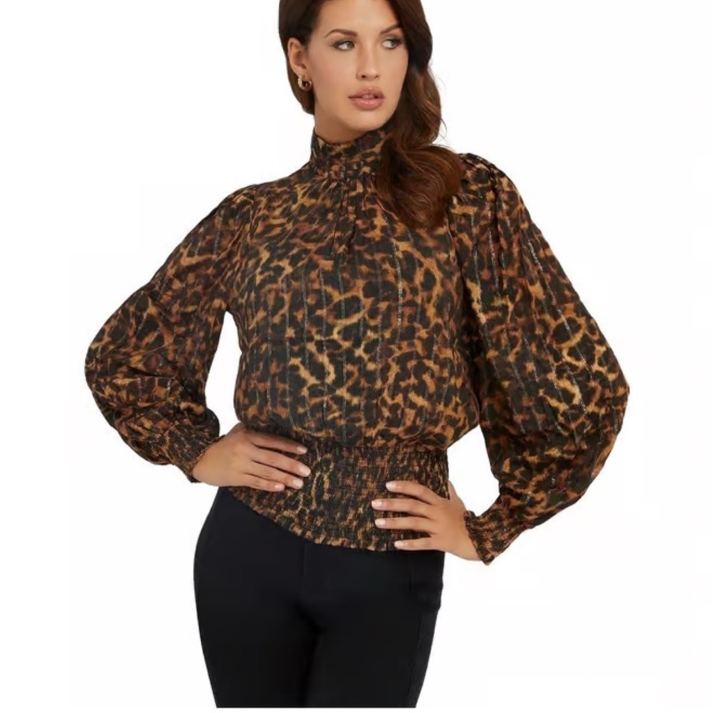 Guess Leopard Top Puff Sleeve Smocked Waist Y2K Chic Statement Blouse Going Out